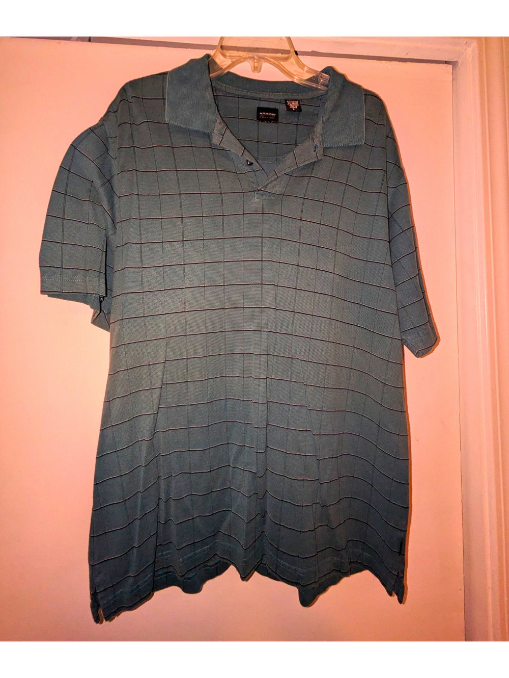 Arrow Men's L Regular Green Check Polo Shirt Short Sleeve Knit Cotton Blend